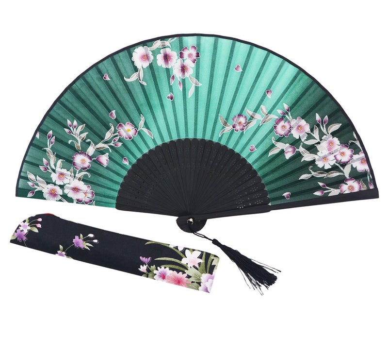 Amajiji Charming Elegant Modern Woman Handmade Bamboo Silk 8.27" (21cm) Folding Pocket Purse Hand Fan/Chinese Japanese Vintage Retro Style Handheld Folding Fan (Green) - Image 1